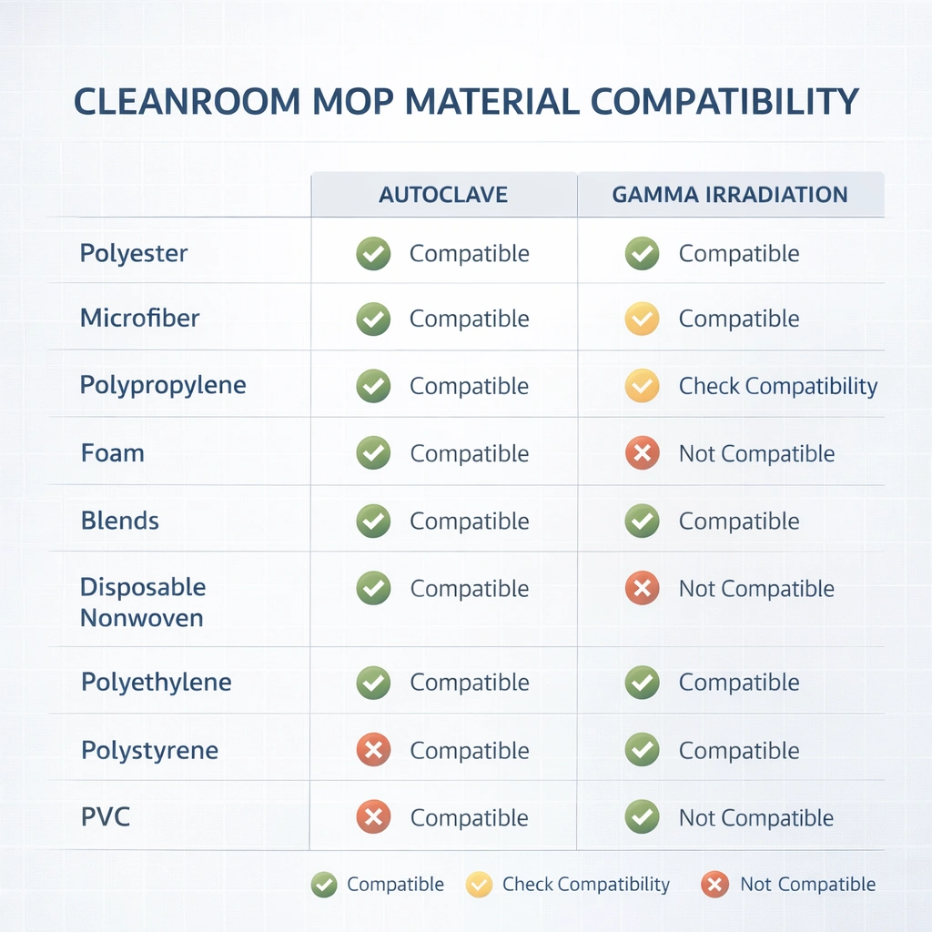 Cleanroom mop head materials comparison including polyester microfiber and sponge mop types