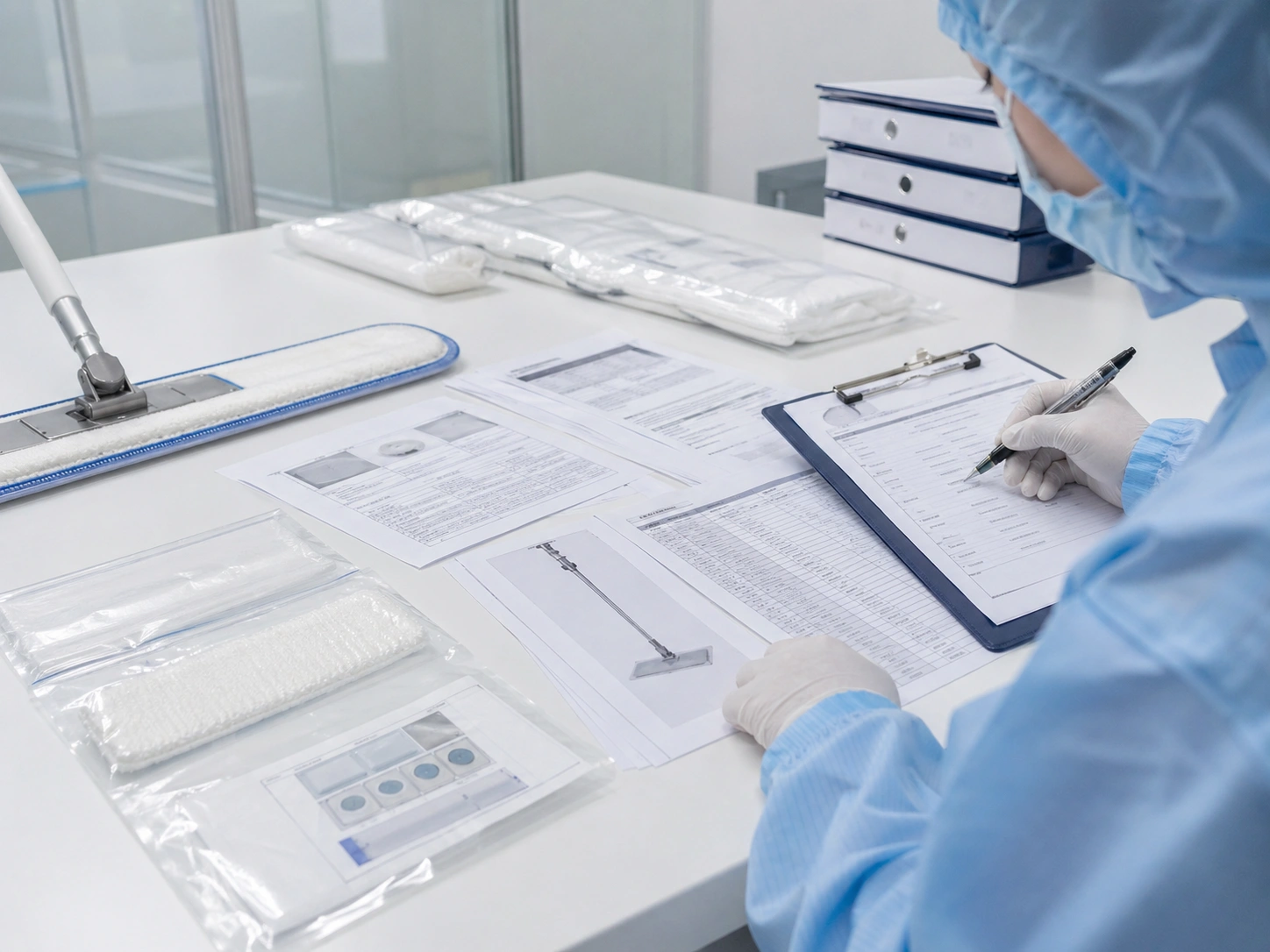 Cleanroom mop QA documentation review with product specification and traceability records