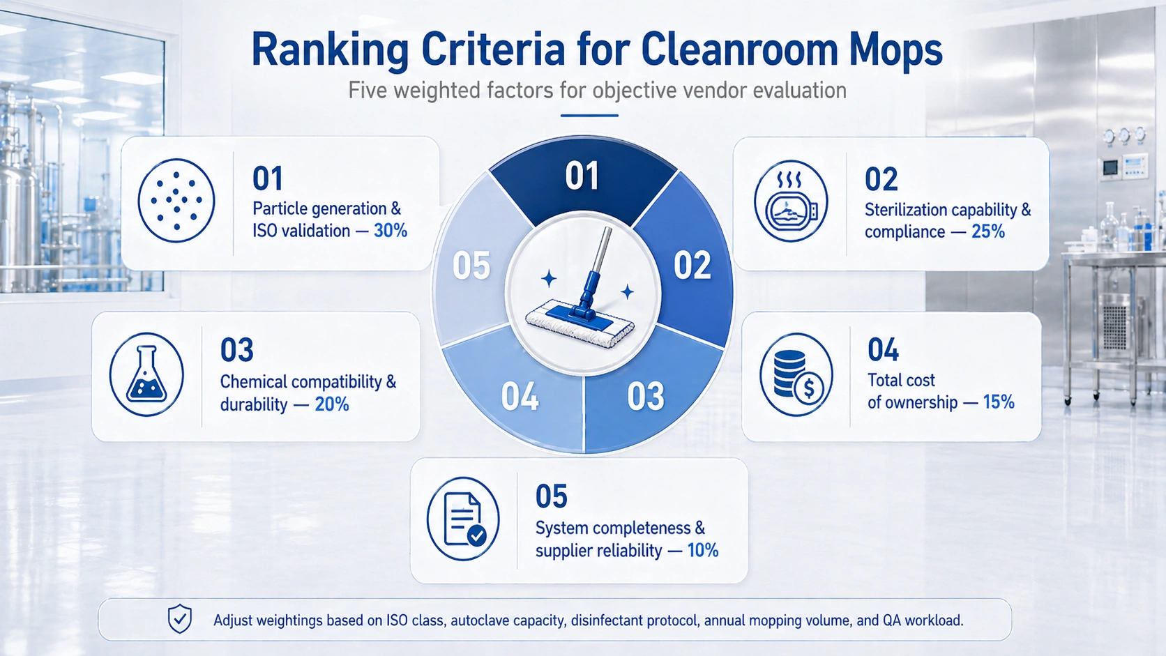 Ranking criteria for cleanroom mops including particle generation sterilization chemical compatibility and cost