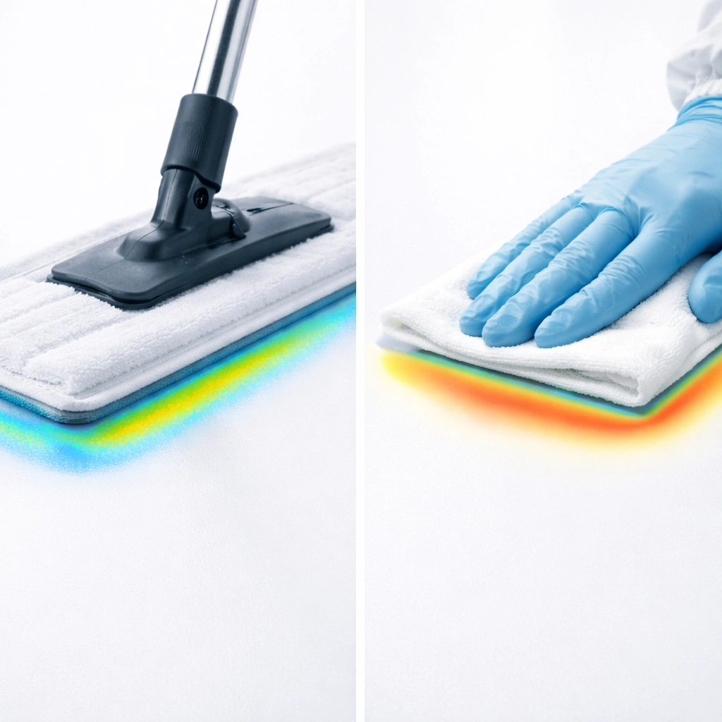 Flat mop vs cleanroom wipe surface contact comparison showing 95 percent vs 100 percent coverage
