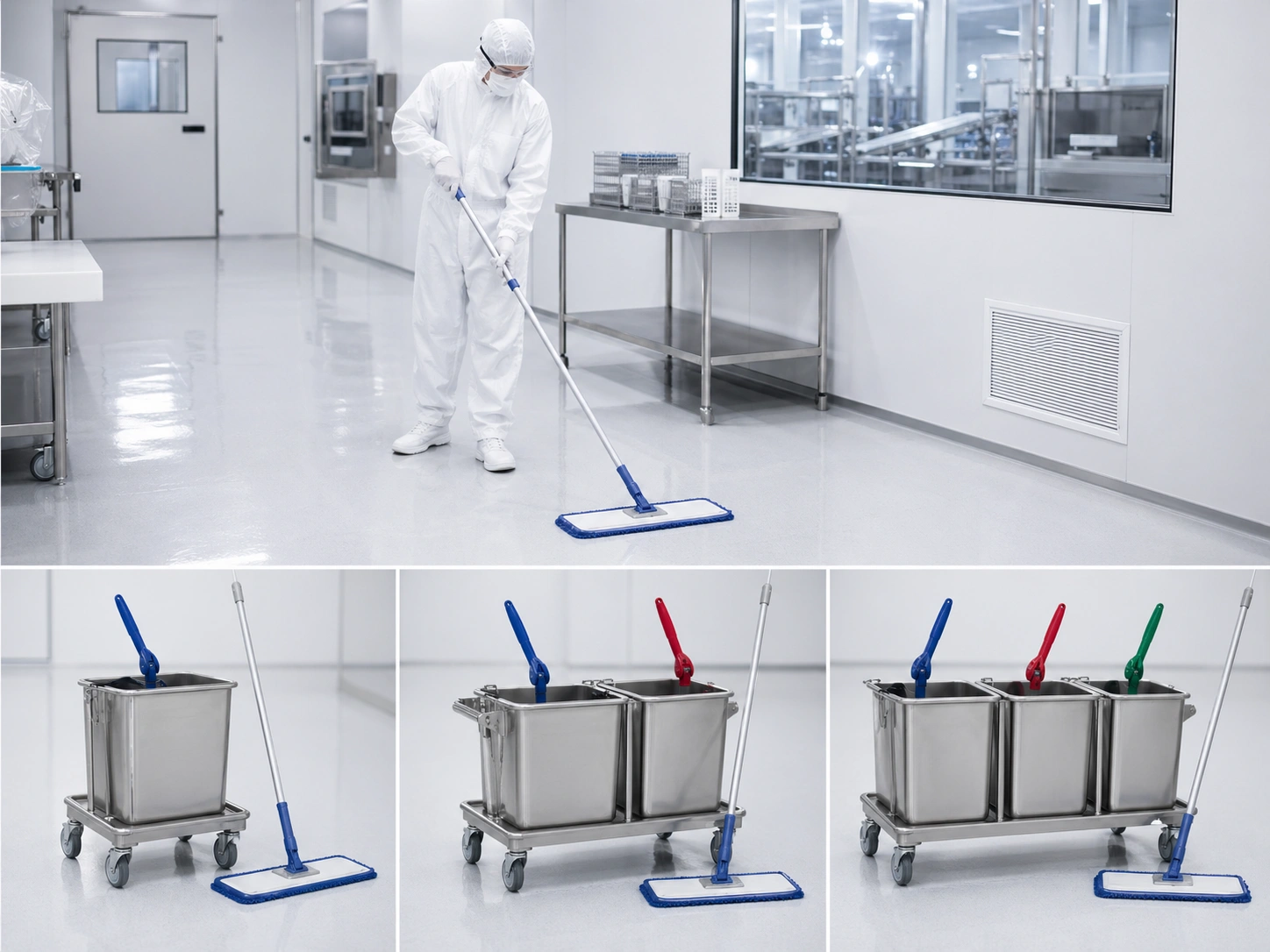 Cleanroom mop workflow selection with bucket system and controlled cleaning process