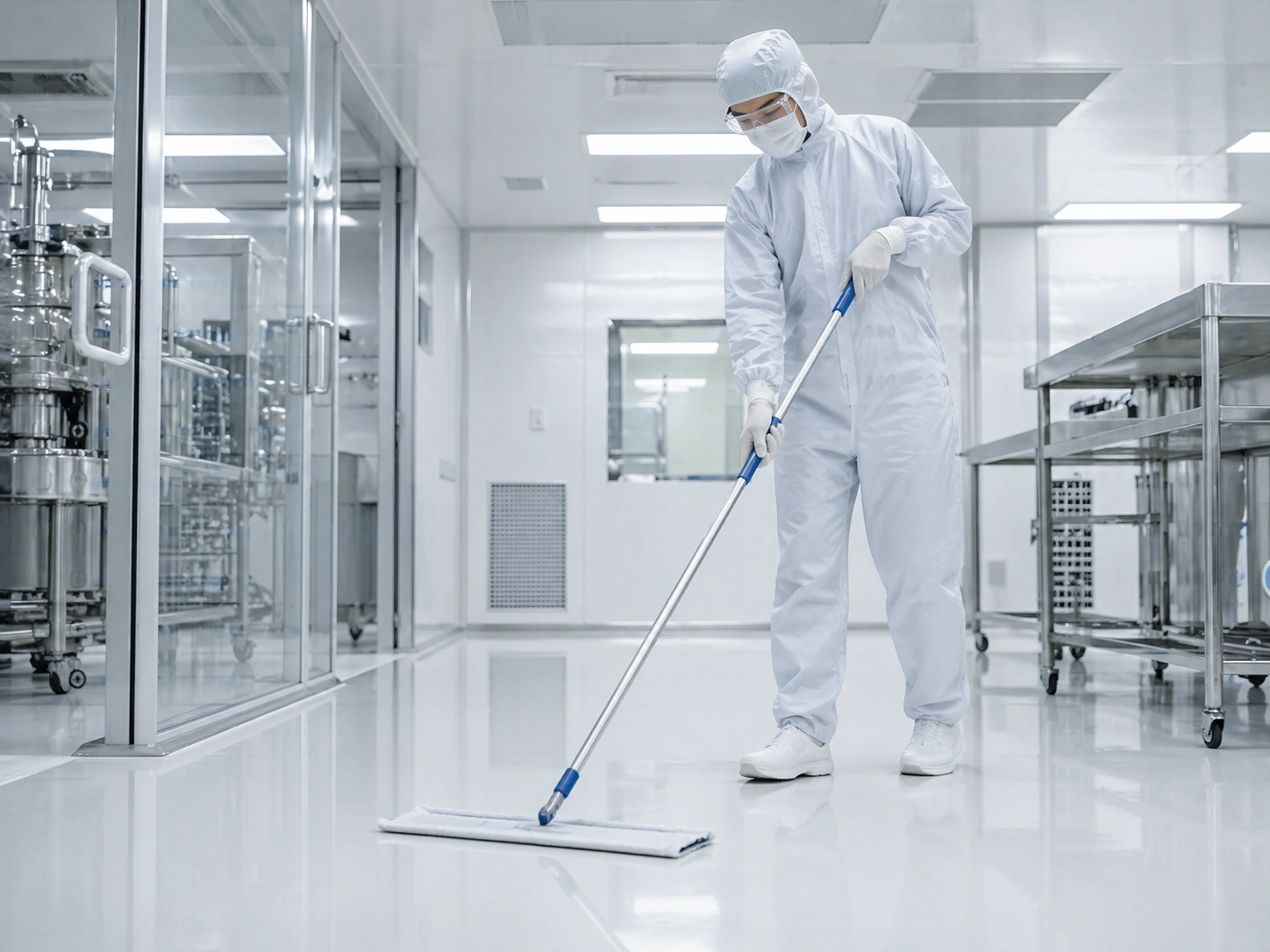 Cleanroom worker using a flat mop system on a GMP cleanroom floor