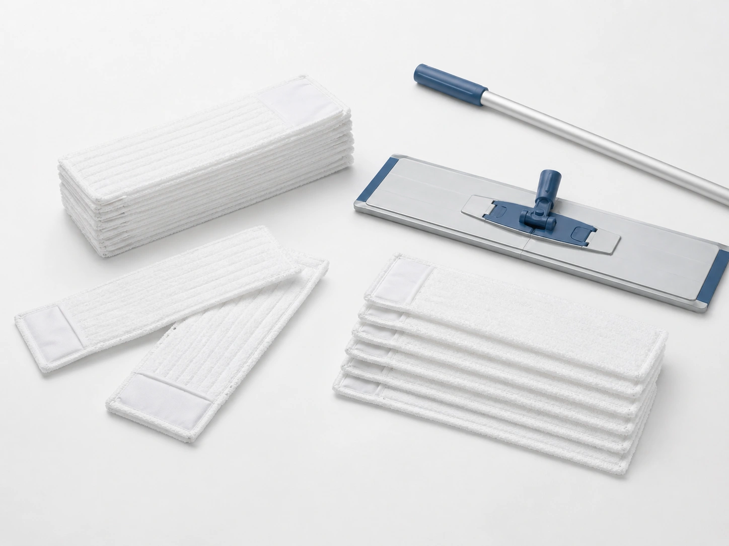 Disposable cleanroom mop covers product layout with compatible flat mop frame and handle