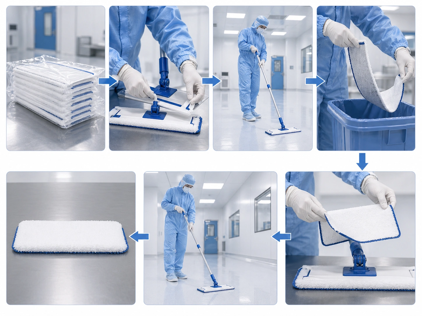 Cleanroom worker using a disposable flat mop on a GMP cleanroom floor
