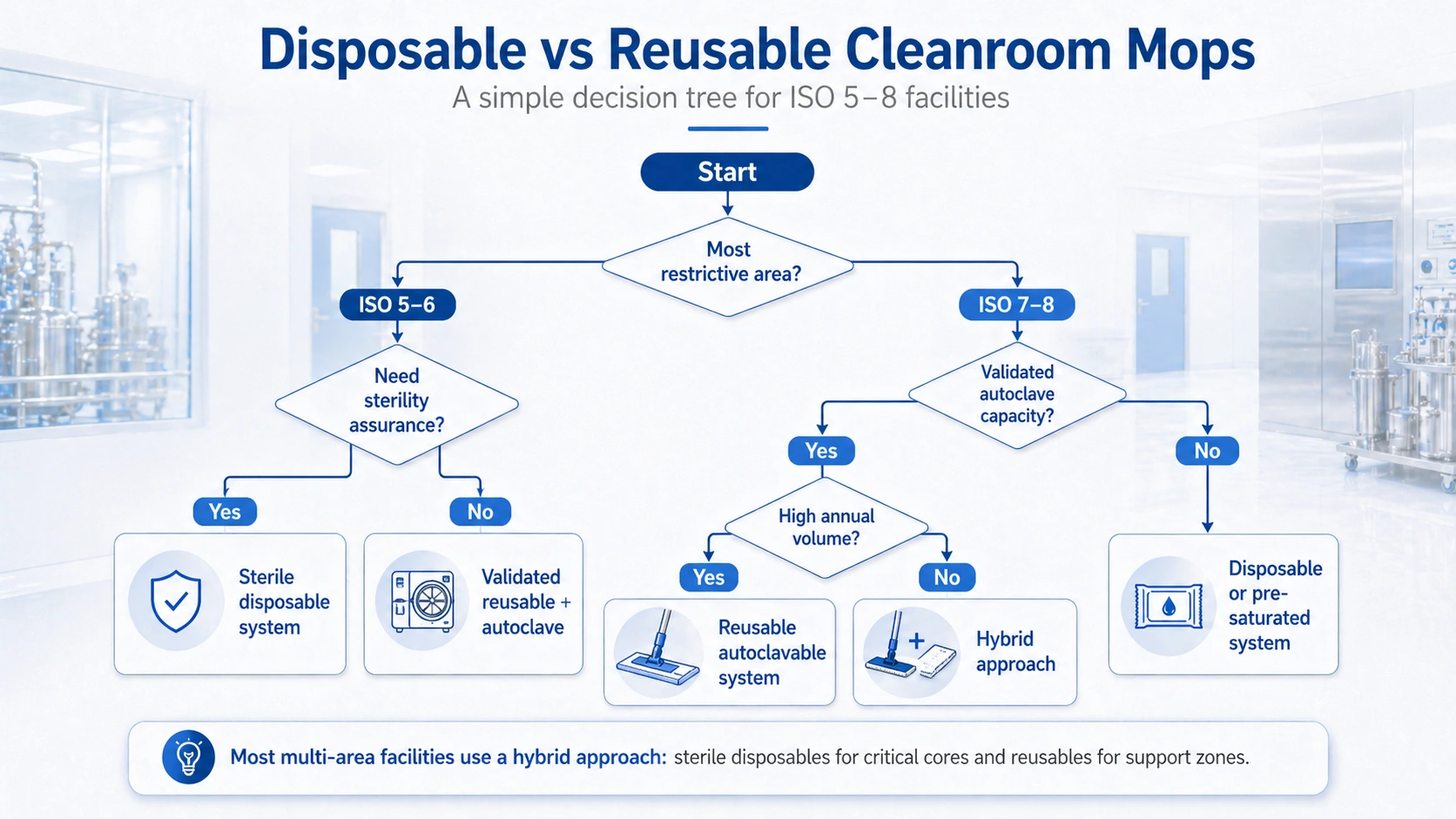 Disposable vs reusable cleanroom mop decision tree for ISO 5 to ISO 8 facilities