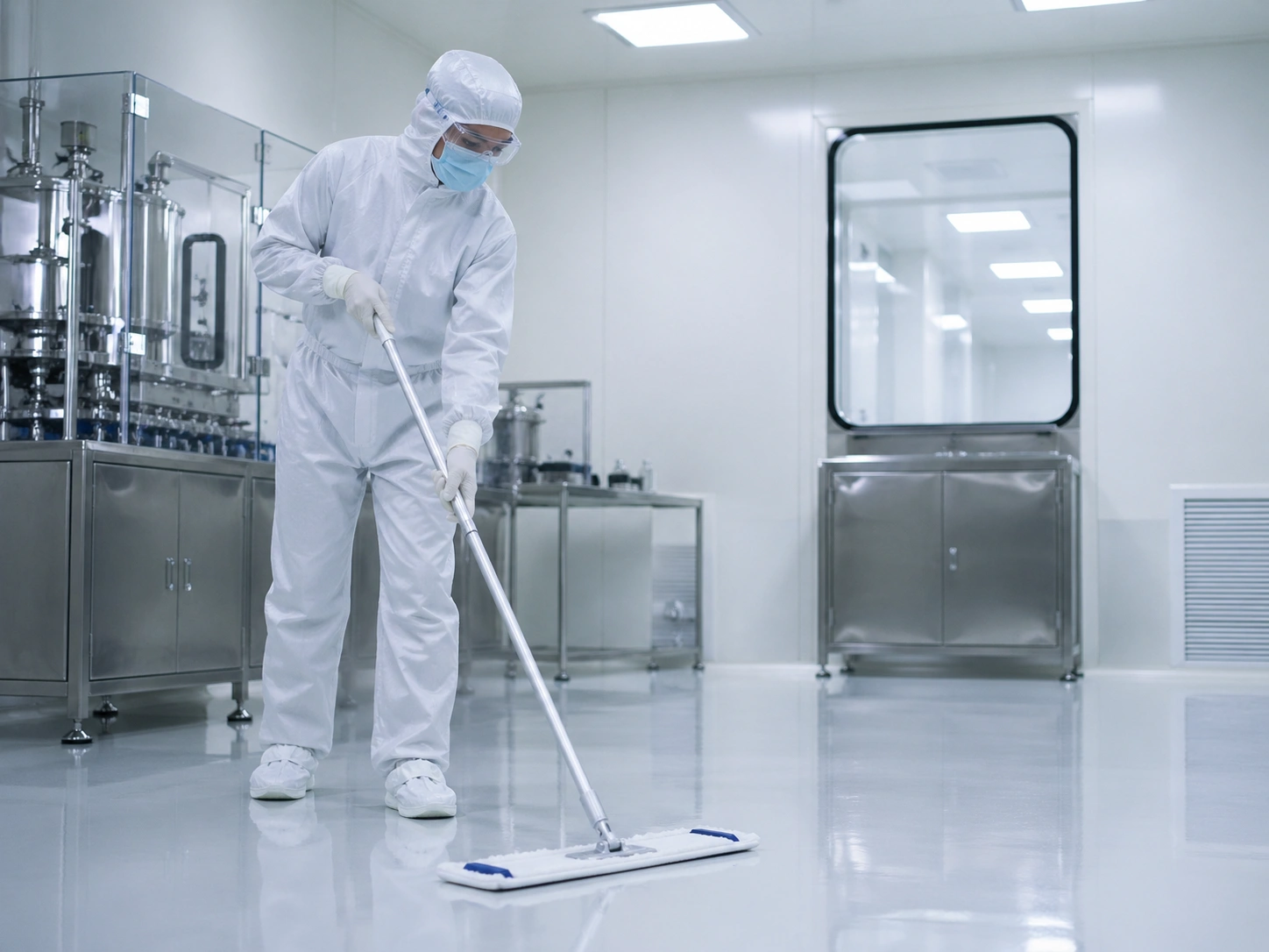 Cleanroom worker using a flat mop for GMP cleanroom floor cleaning