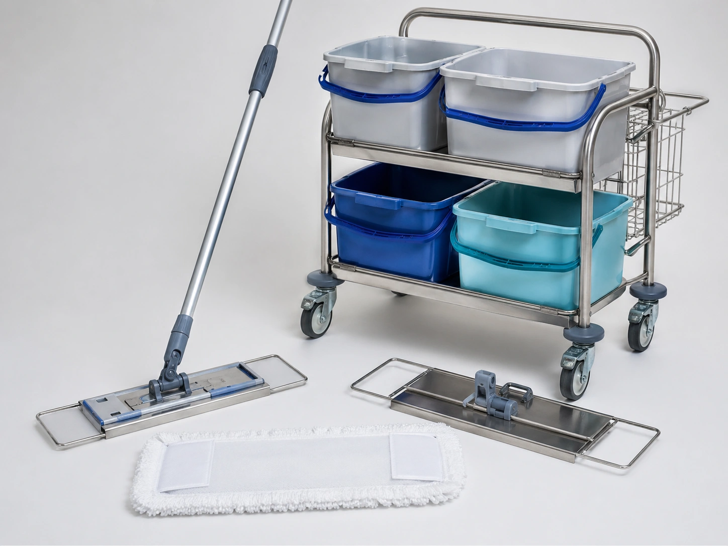 GMP cleanroom mop system components with flat mop frame handle and bucket trolley