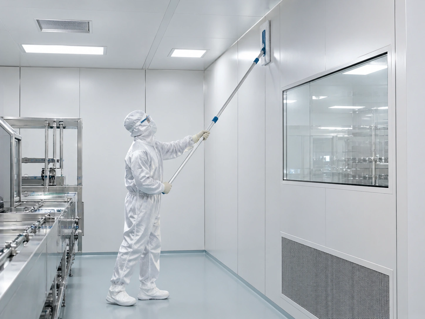 GMP cleanroom wall and ceiling mopping scene using a flat mop system