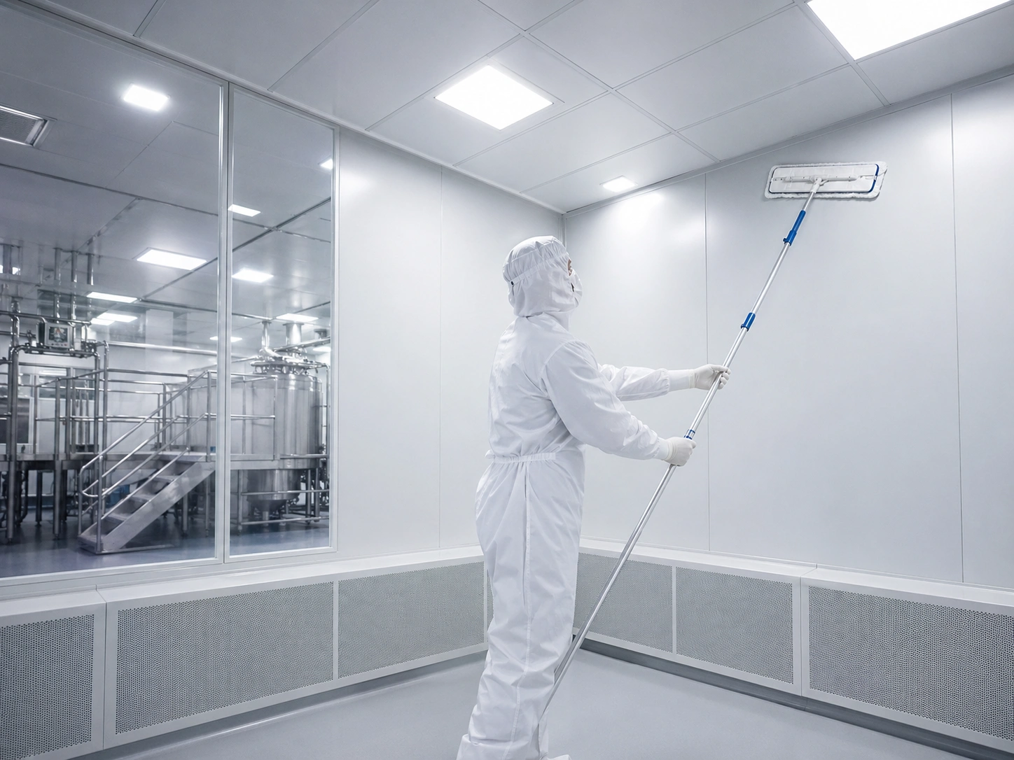 Cleanroom worker using an extended flat mop for GMP wall and ceiling cleaning