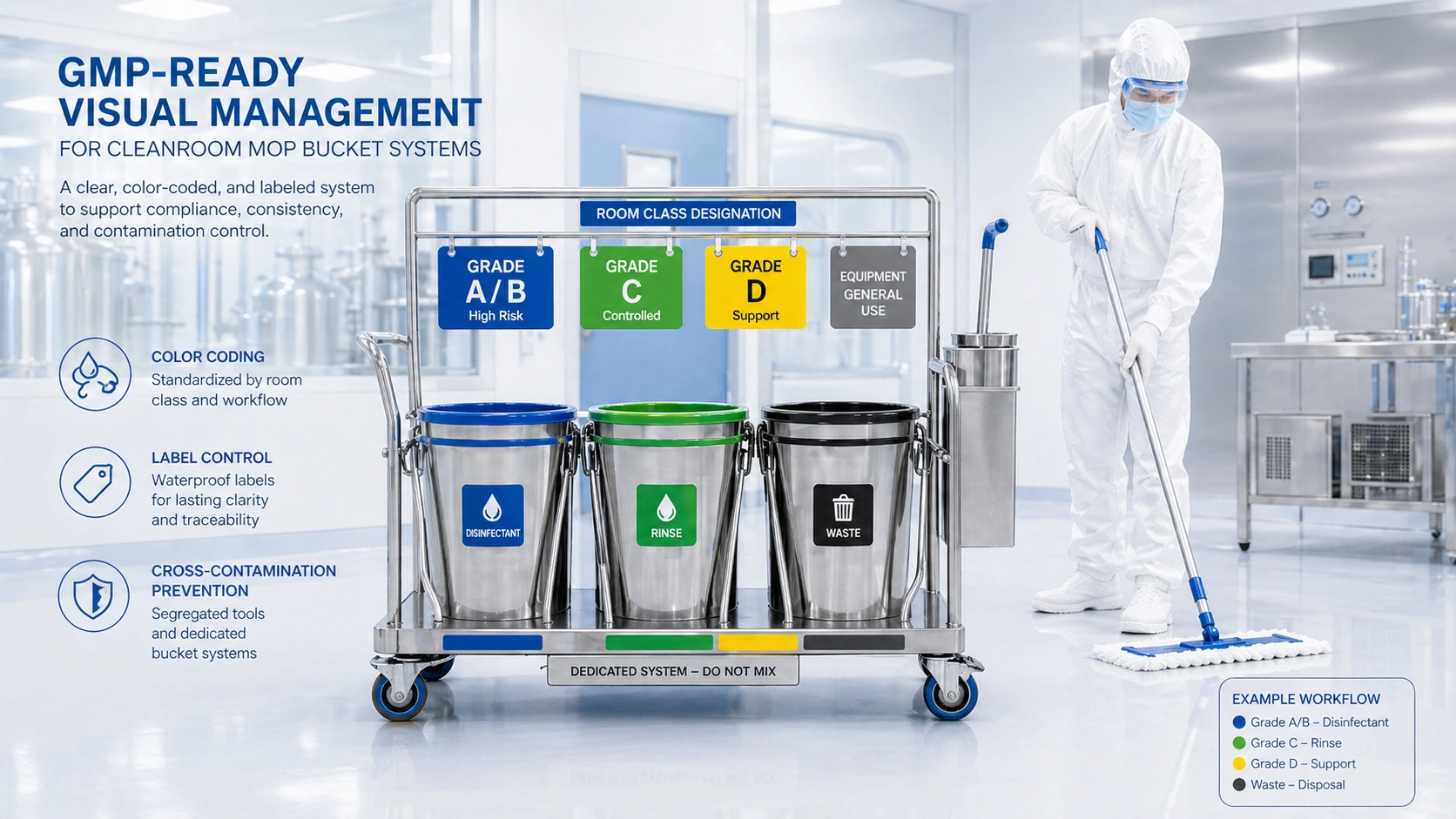 GMP-ready visual management for cleanroom mop bucket systems with color coding and label control