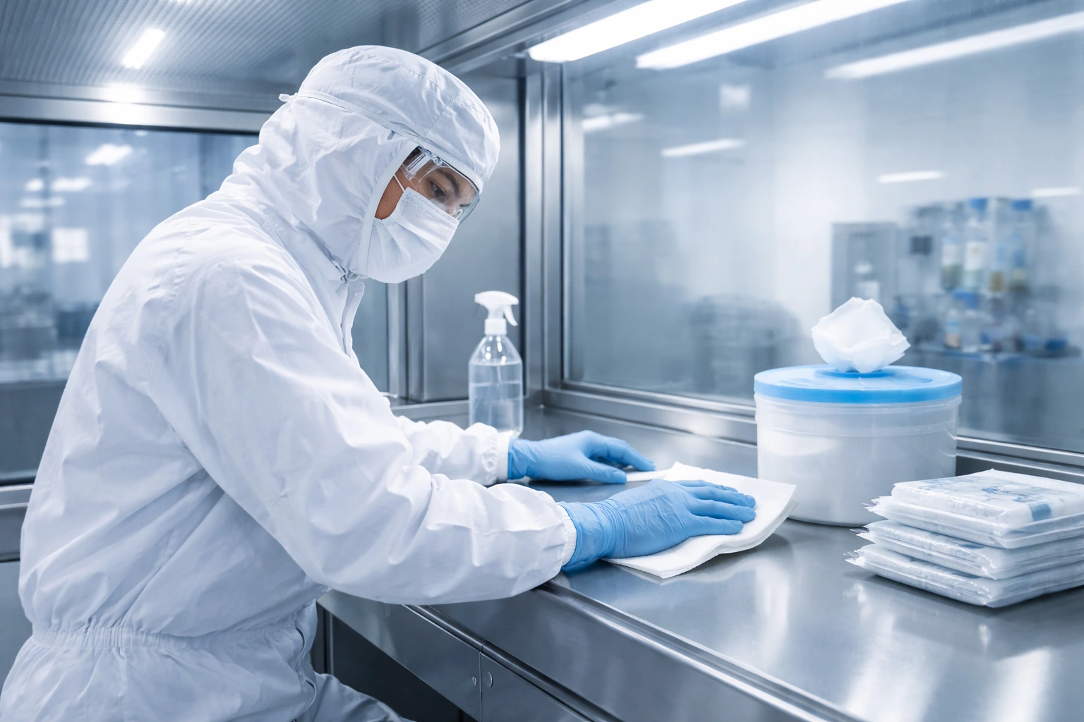 ISO 5-Reinraumtechniker verwendet sterile Tücher im Laminar-Flow-Schrank in der pharmazeutischen Produktion