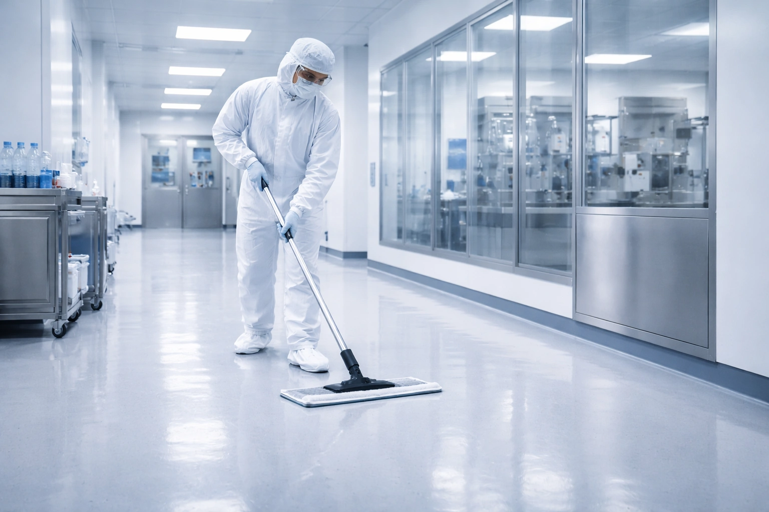 ISO 7 cleanroom corridor floor cleaning using flat mop in pharmaceutical facility