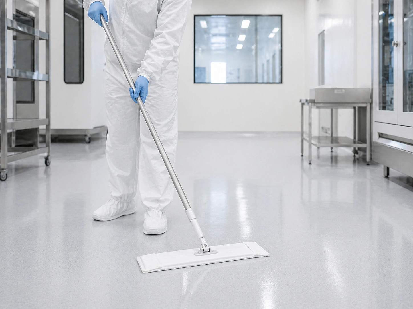 Cleanroom worker using low-lint mop in controlled cleanroom environment