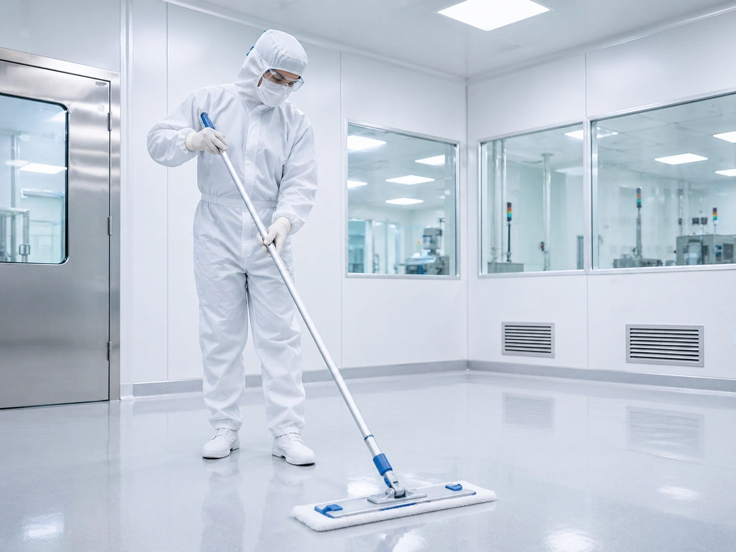 Cleanroom worker using a microfiber mop on an ISO cleanroom floor