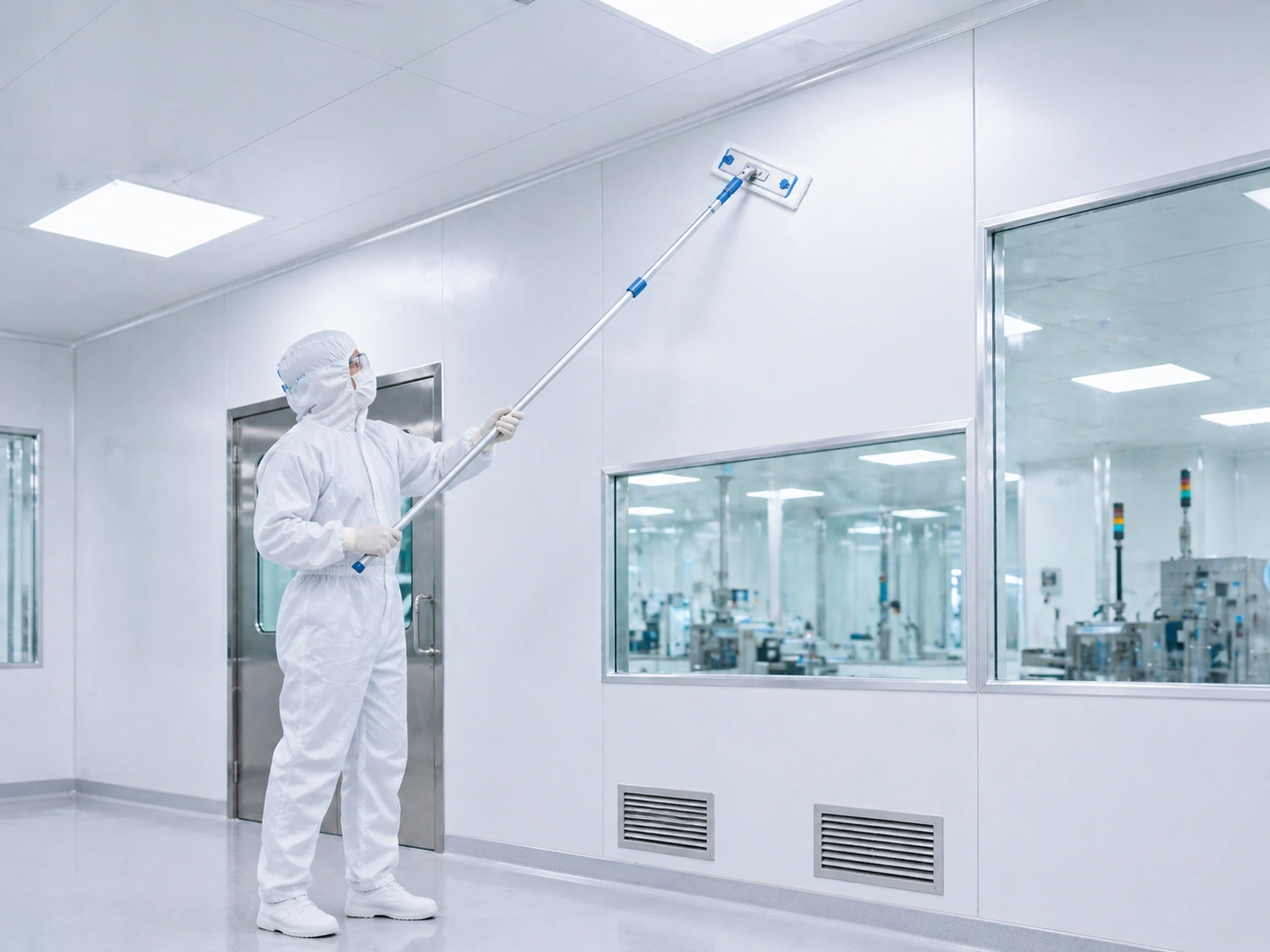 Microfiber cleanroom mop used for wall and ceiling cleaning in a controlled environment