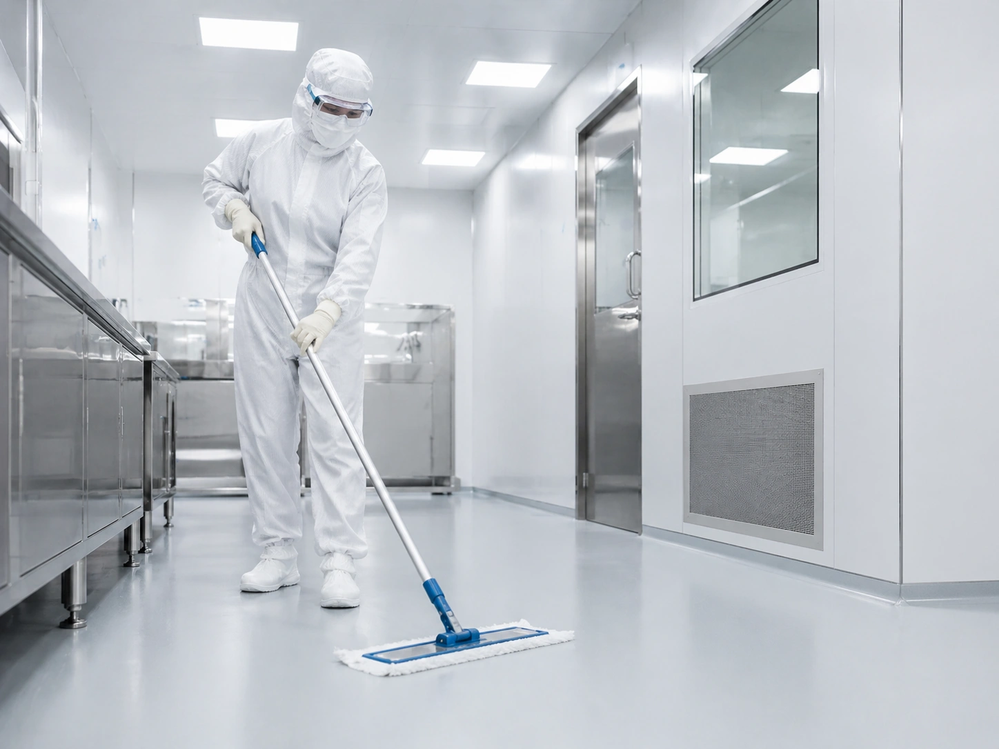 Single-use cleanroom mop cover replacement workflow for controlled cleaning