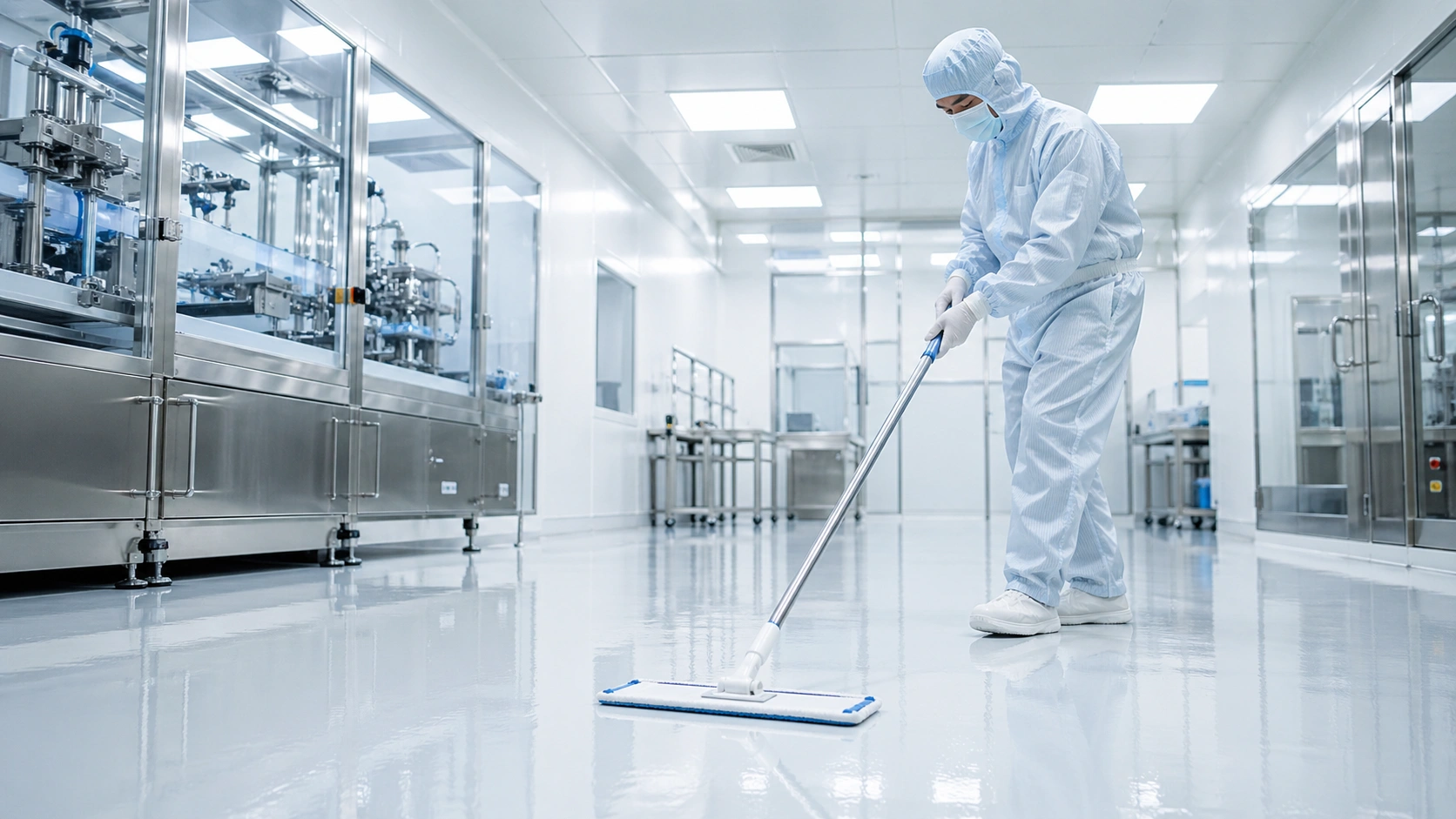 Sterile cleanroom mop system used in a GMP pharmaceutical cleanroom