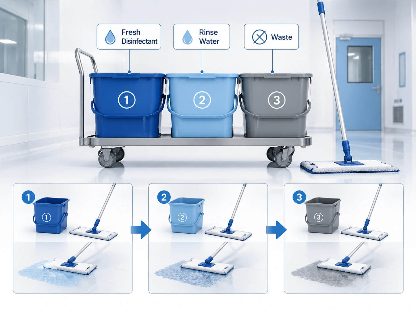 Triple-bucket cleanroom mopping workflow with fresh disinfectant rinse water and waste separation