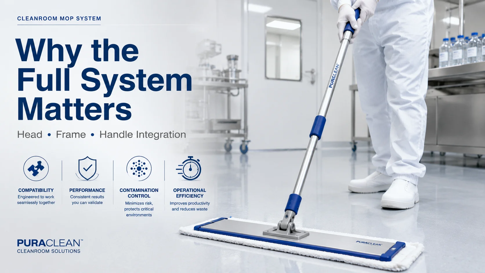 Cleanroom mop system with stainless steel trolley, bucket, and flat mop showing integrated system design for GMP facility cleaning