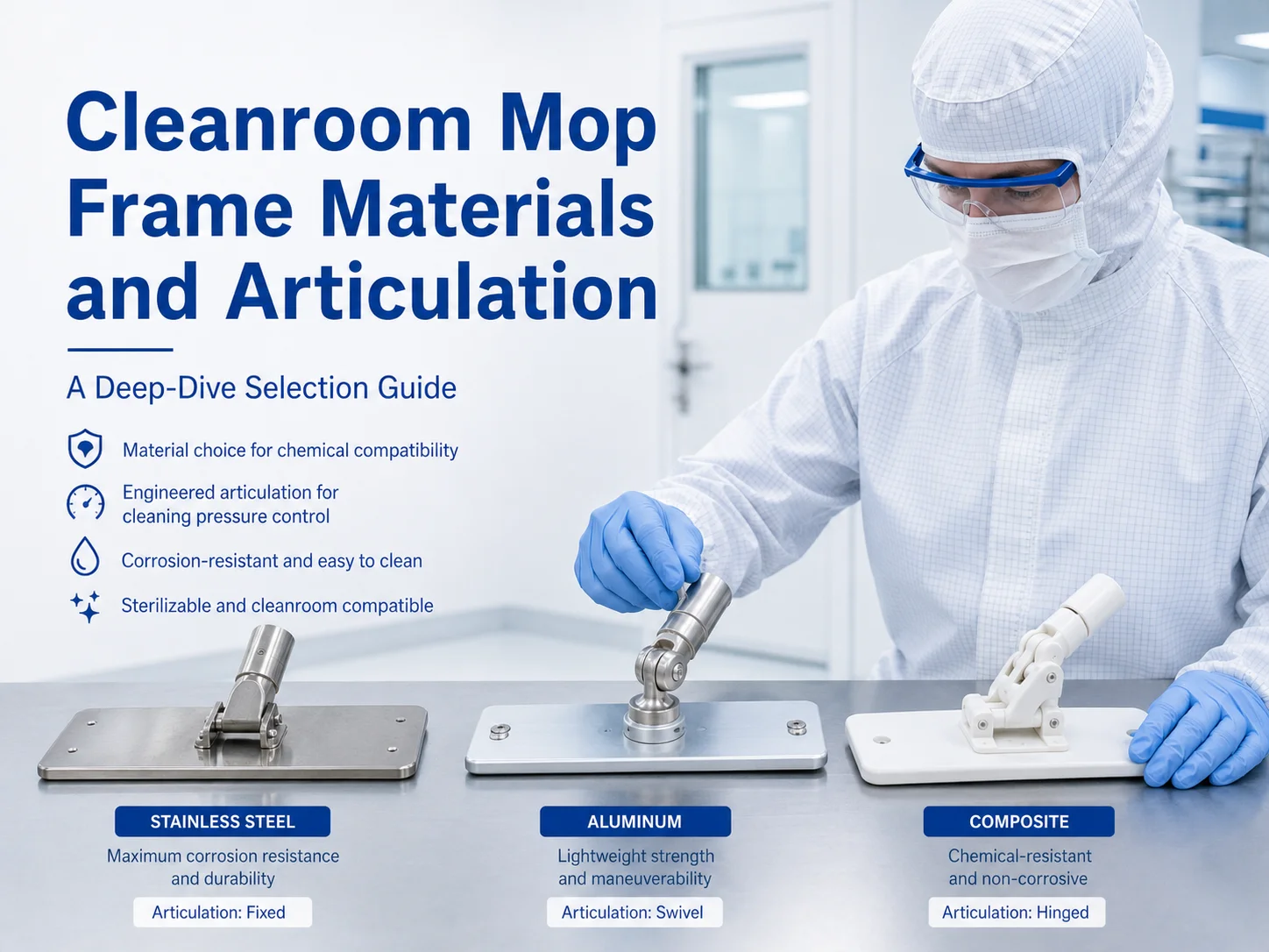 Cleanroom mop frame materials and articulation guide comparing stainless steel, aluminum, and polymer frames for GMP facility cleaning
