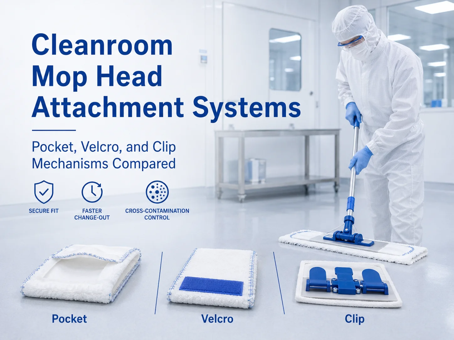 Cleanroom mop head attachment systems comparison of pocket, velcro, and clip mechanisms for GMP facility workflow optimization