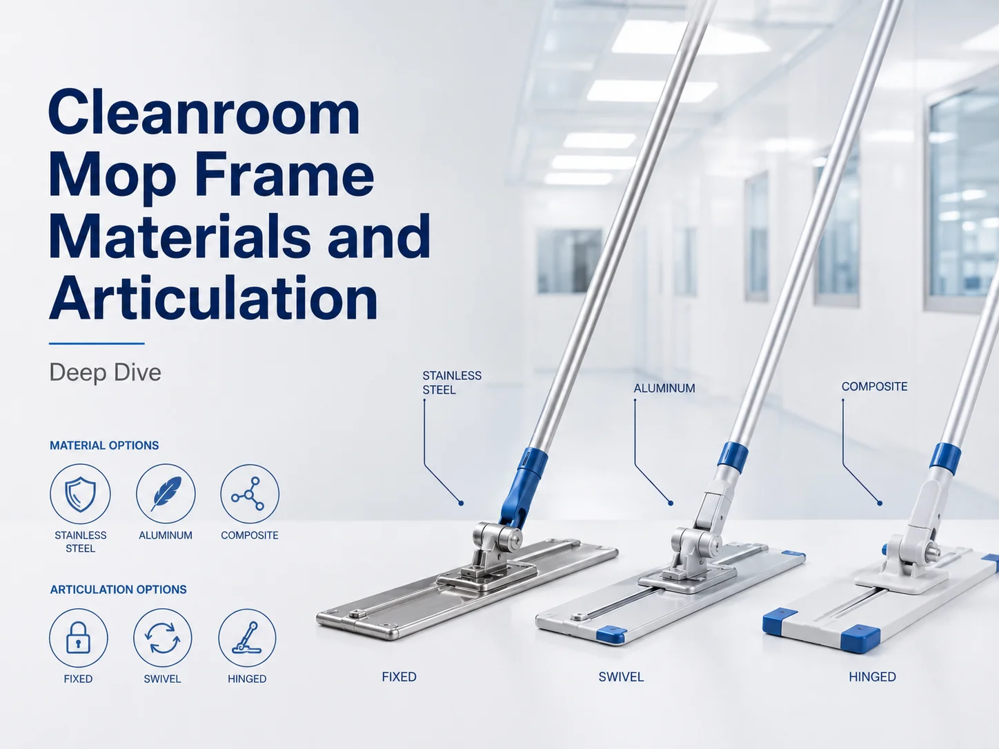 Cleanroom mop head attachment systems comparison — pocket-style, Velcro hook-and-loop, and clip mechanical mechanisms for GMP facility cleaning tools