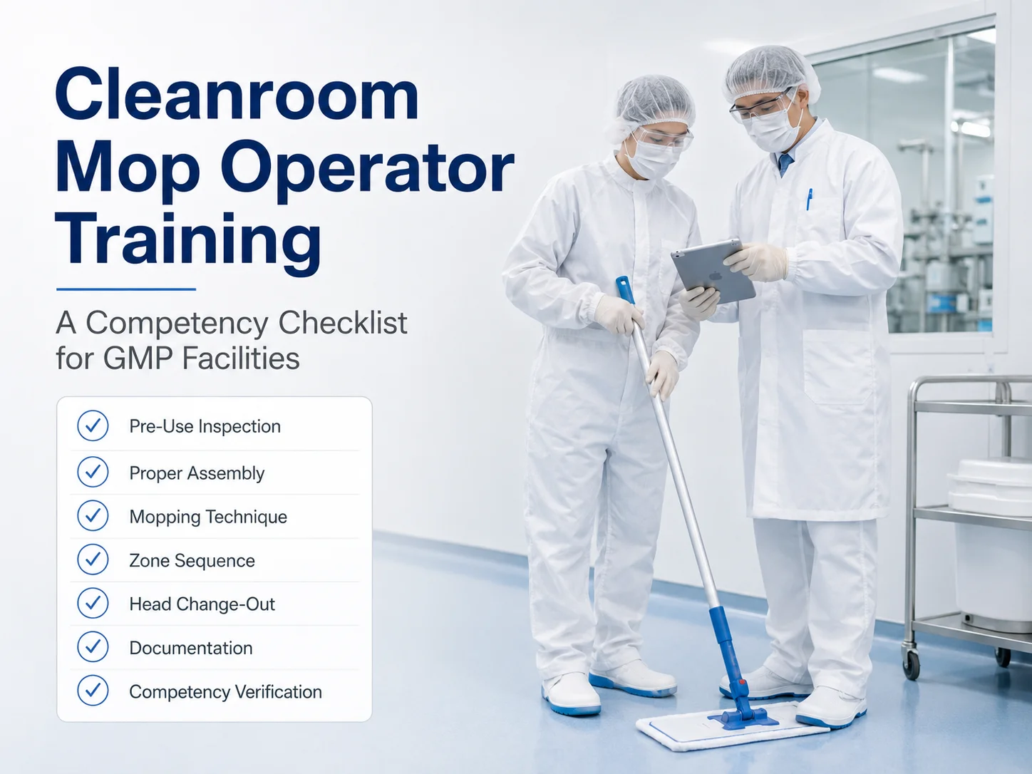 Cleanroom mop inventory planning and consumption calculator framework for GMP pharmaceutical facilities — showing facility manager reviewing stock data, mop head inventory on warehouse shelving, and a consumption planning dashboard for controlled environment cleaning consumable management