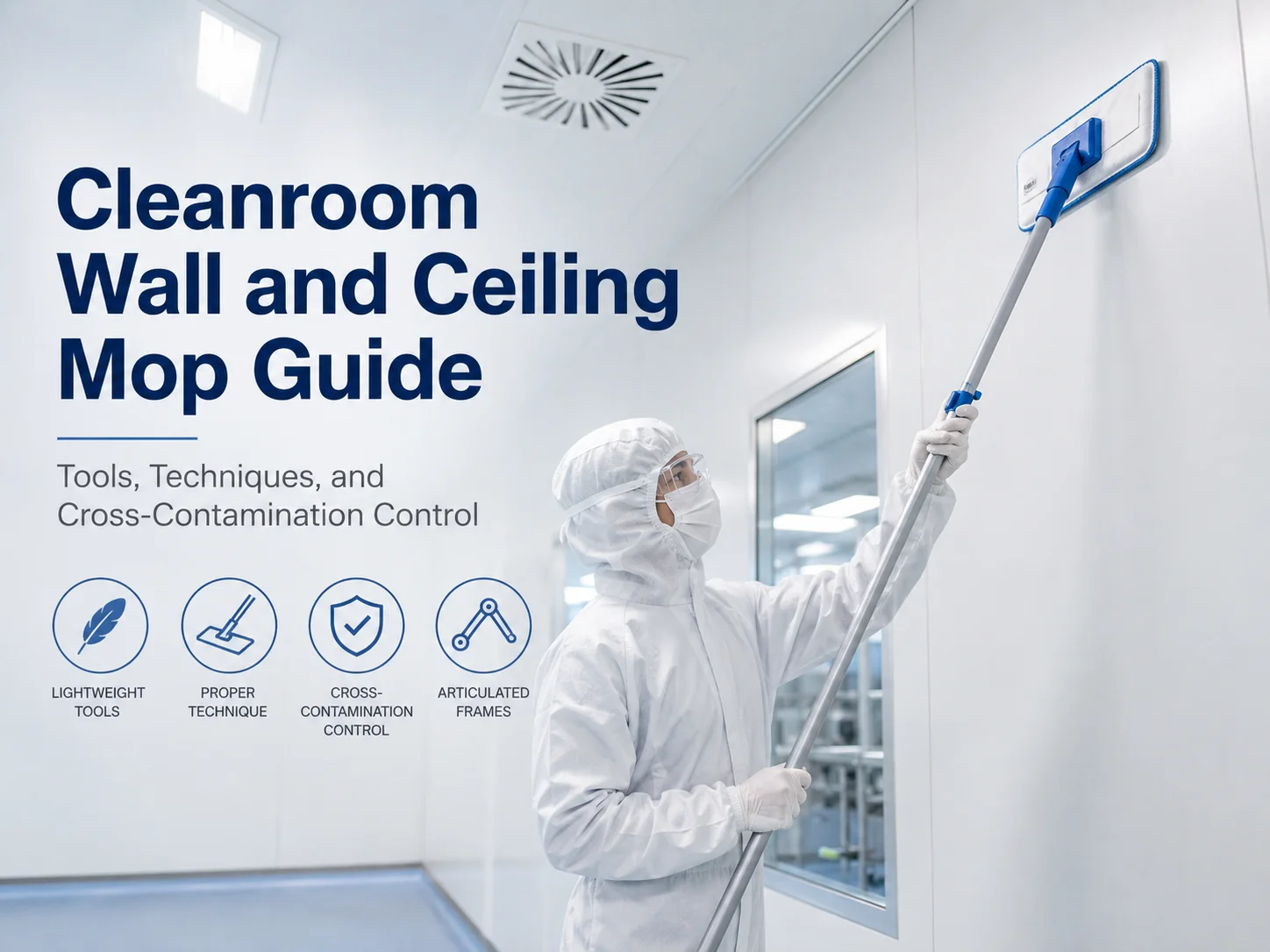 Cleanroom mop selection for semiconductor and electronics manufacturing — ESD-safe, ultra-low-particle mopping system for ISO 3-5 wafer fabrication environments, with electrostatic discharge control and sub-0.1μm particle control shown in a futuristic semiconductor cleanroom setting with blue cleanroom lighting, silicon wafer visual reference, and mop product integration