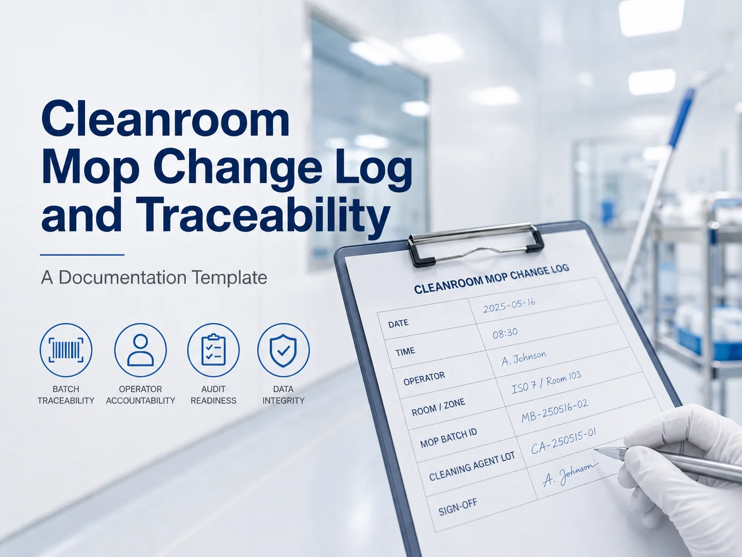 Cleanroom wall and ceiling mop guide — specialized mopping tools and techniques for GMP facility wall and ceiling cleaning with top-down contamination control sequence, showing operator using lightweight 40g mop head with articulated frame and telescoping handle for overhead cleaning in a pharmaceutical cleanroom environment