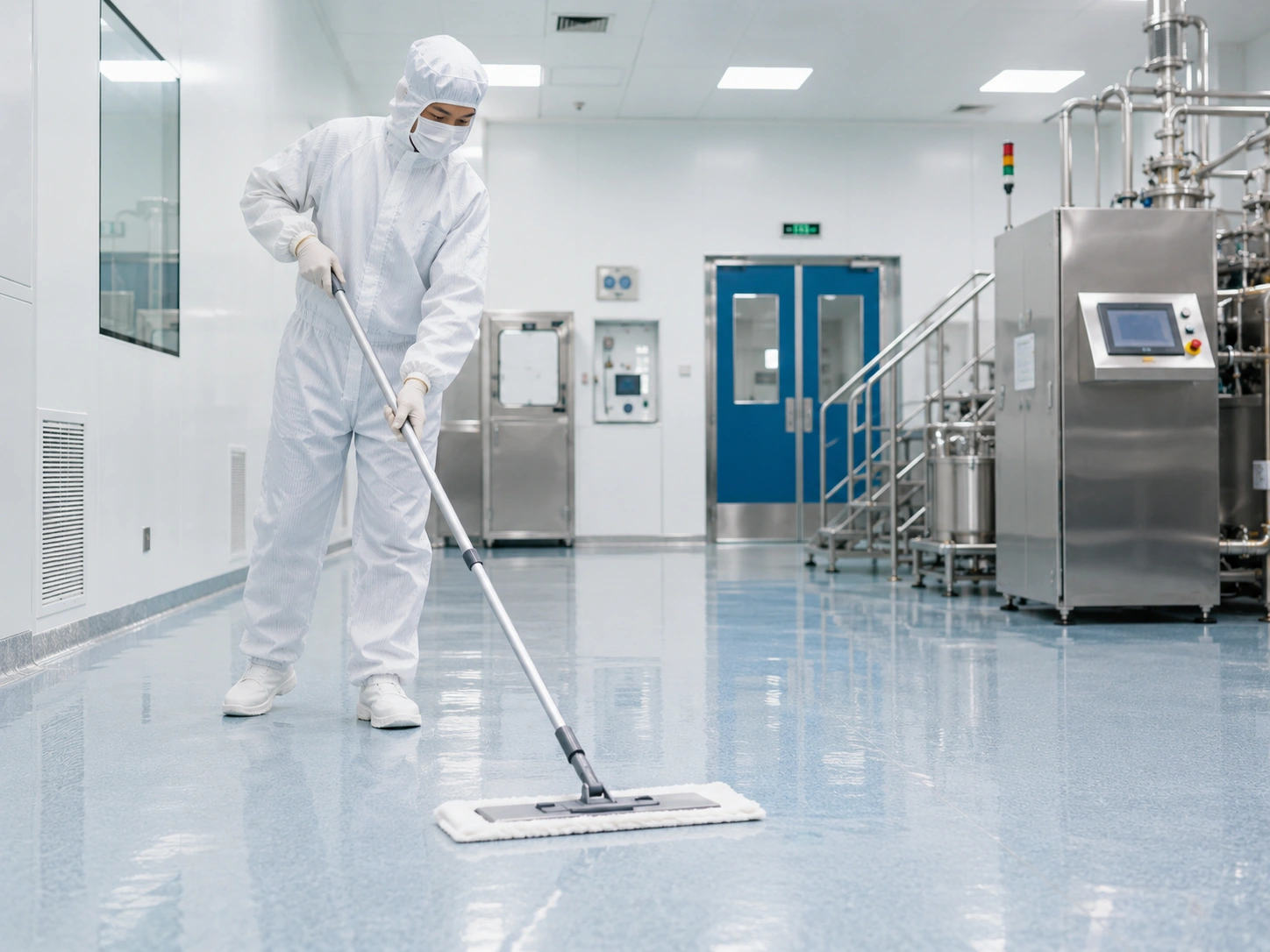 Low-lint disposable cleanroom mop used for GMP floor cleaning