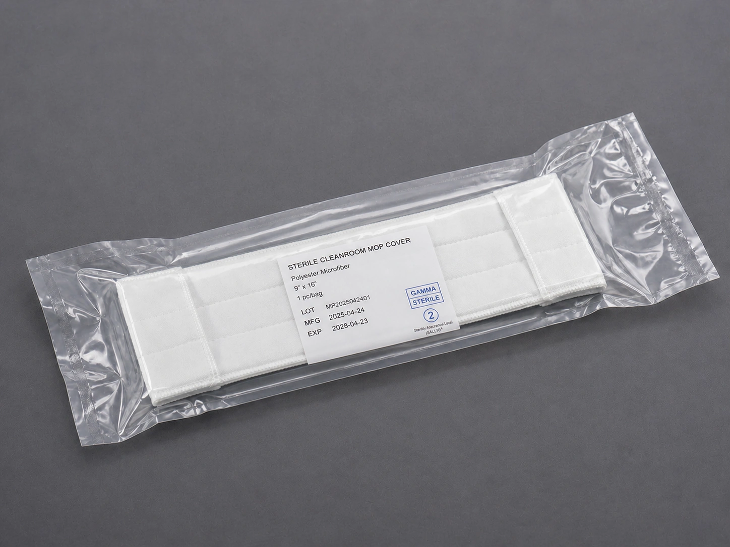 Gamma sterilized sterile cleanroom mop cover packaging with lot traceability