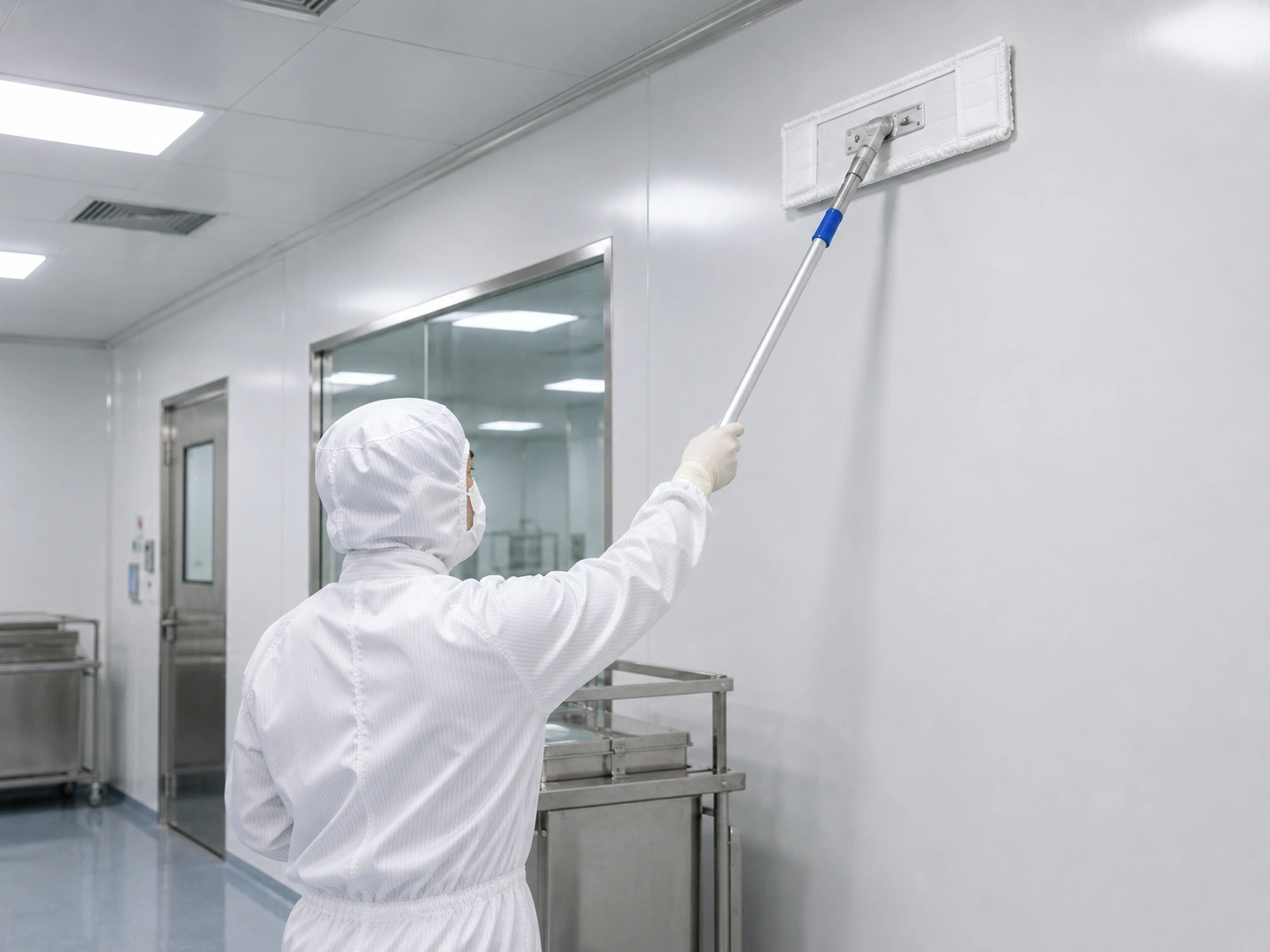 Microfiber cleanroom mop wall and ceiling cleaning in controlled environment