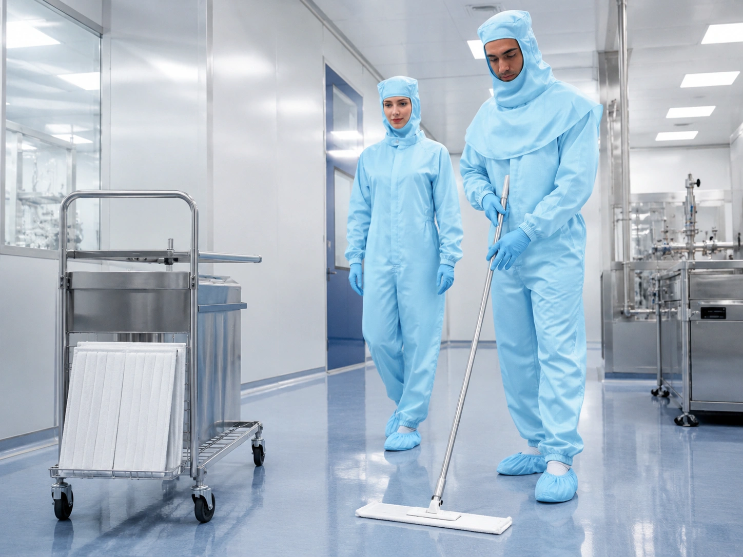 MIDPOSI cleanroom garments and mop system in a controlled cleanroom environment