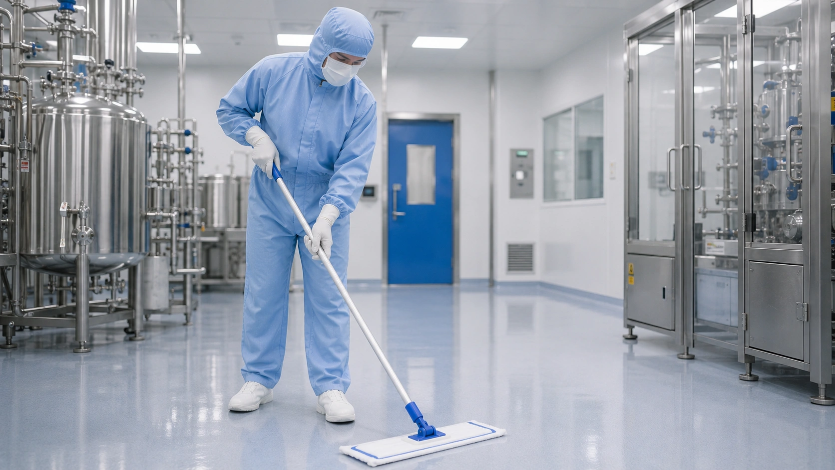 Sterile cleanroom mop system used in a GMP pharmaceutical cleanroom