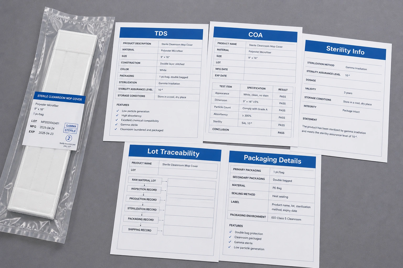 Sterile cleanroom mop documentation including TDS COA sterility information lot traceability and packaging details