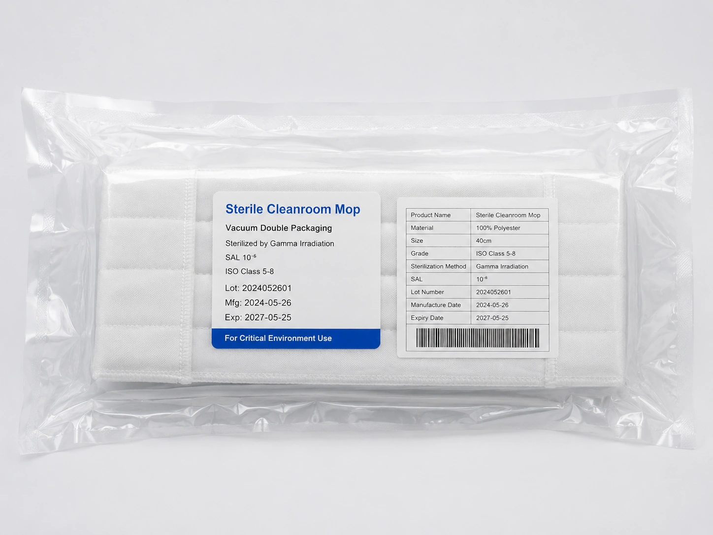 Sterile cleanroom mop vacuum packaging close-up with traceability label