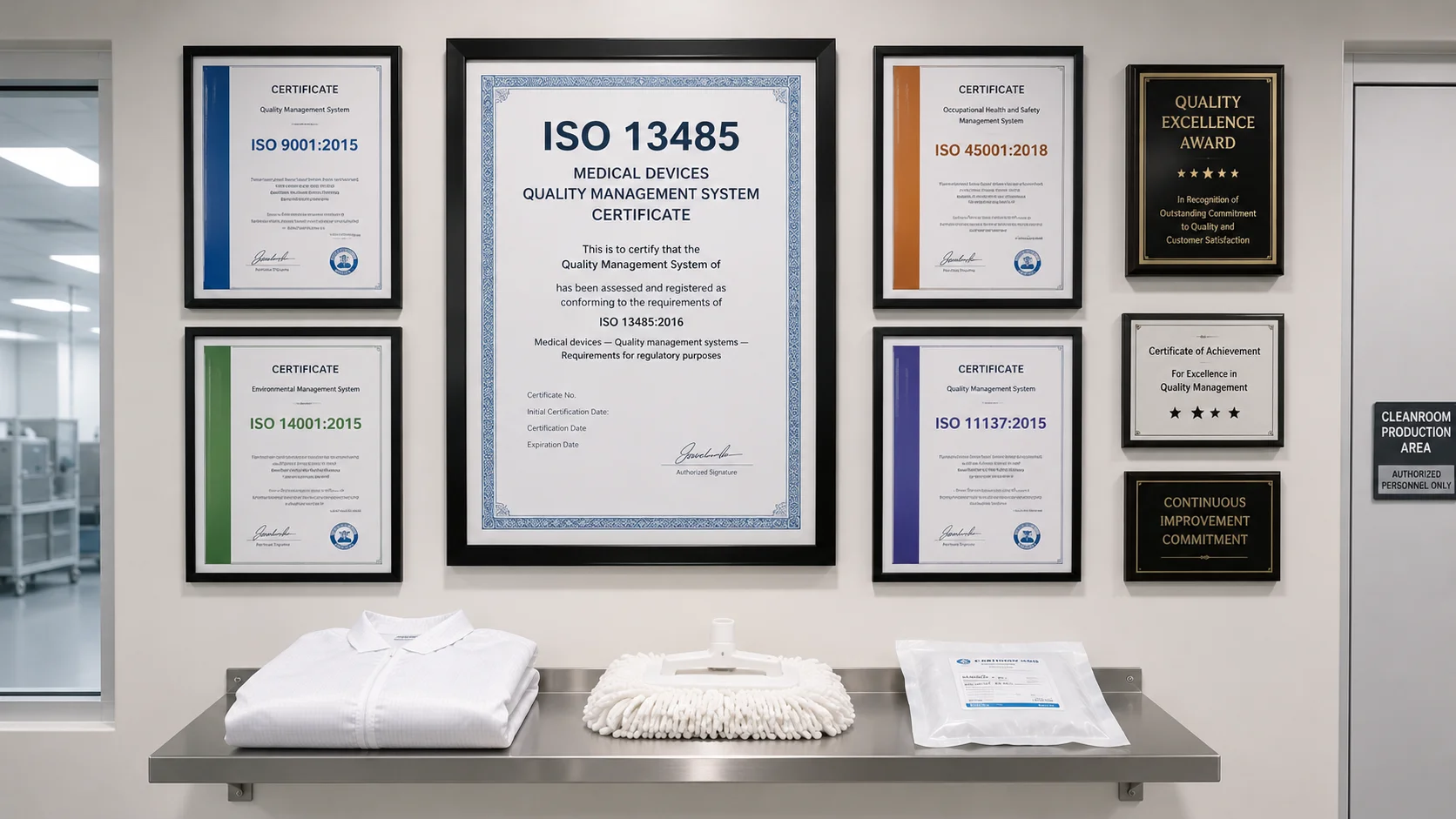ISO 13485 certification and compliance wall in cleanroom manufacturing facility