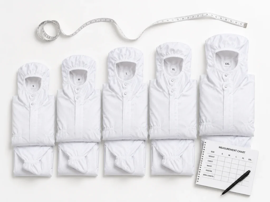 Cleanroom coverall sizing measurement chart and size distribution