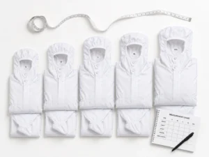 Cleanroom coverall sizing measurement chart and size distribution
