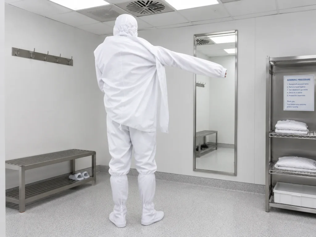 Cleanroom operator donning coverall in gowning procedure