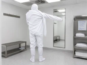 Cleanroom operator donning coverall in gowning procedure