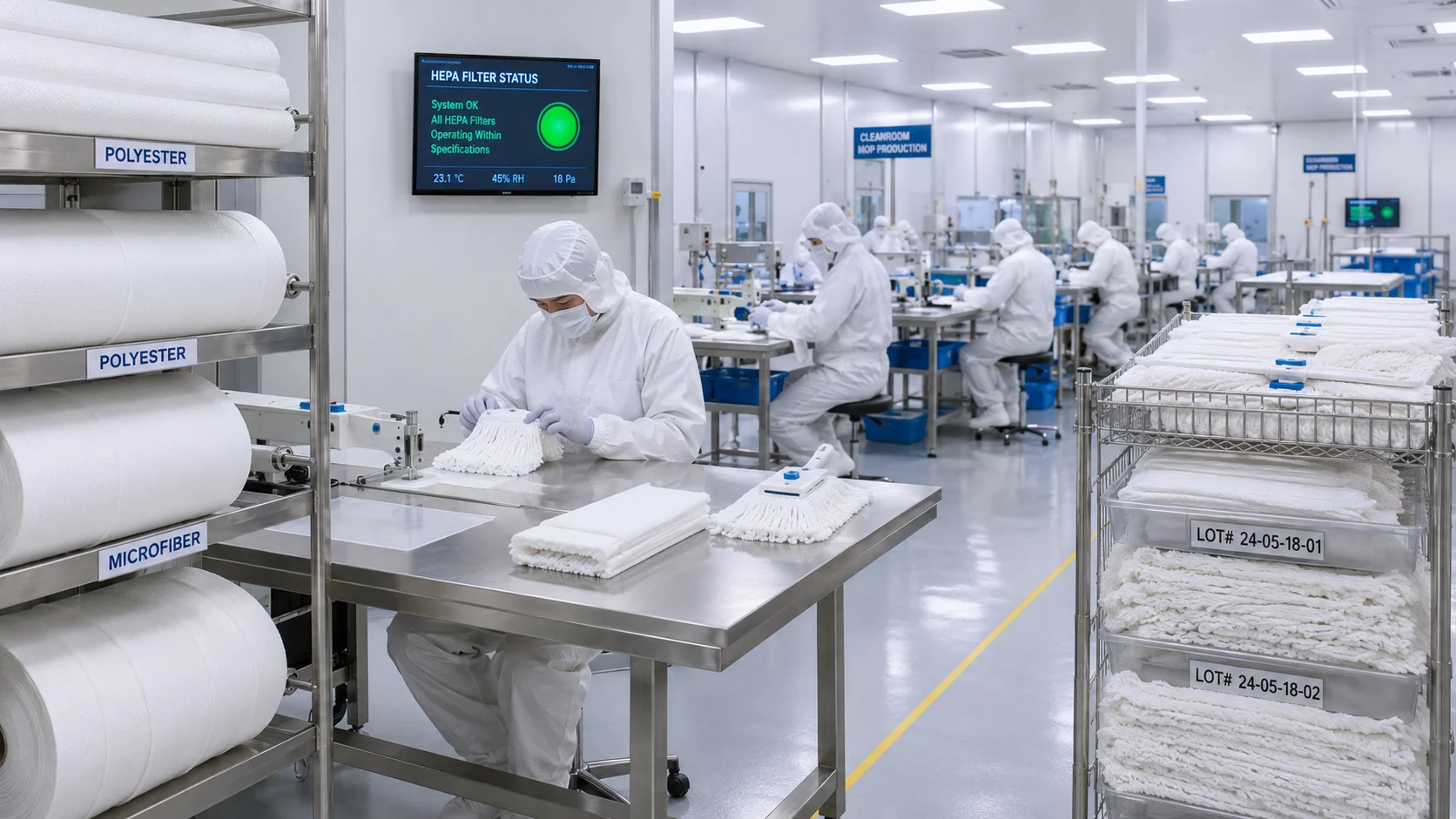Cleanroom mop head manufacturing assembly line