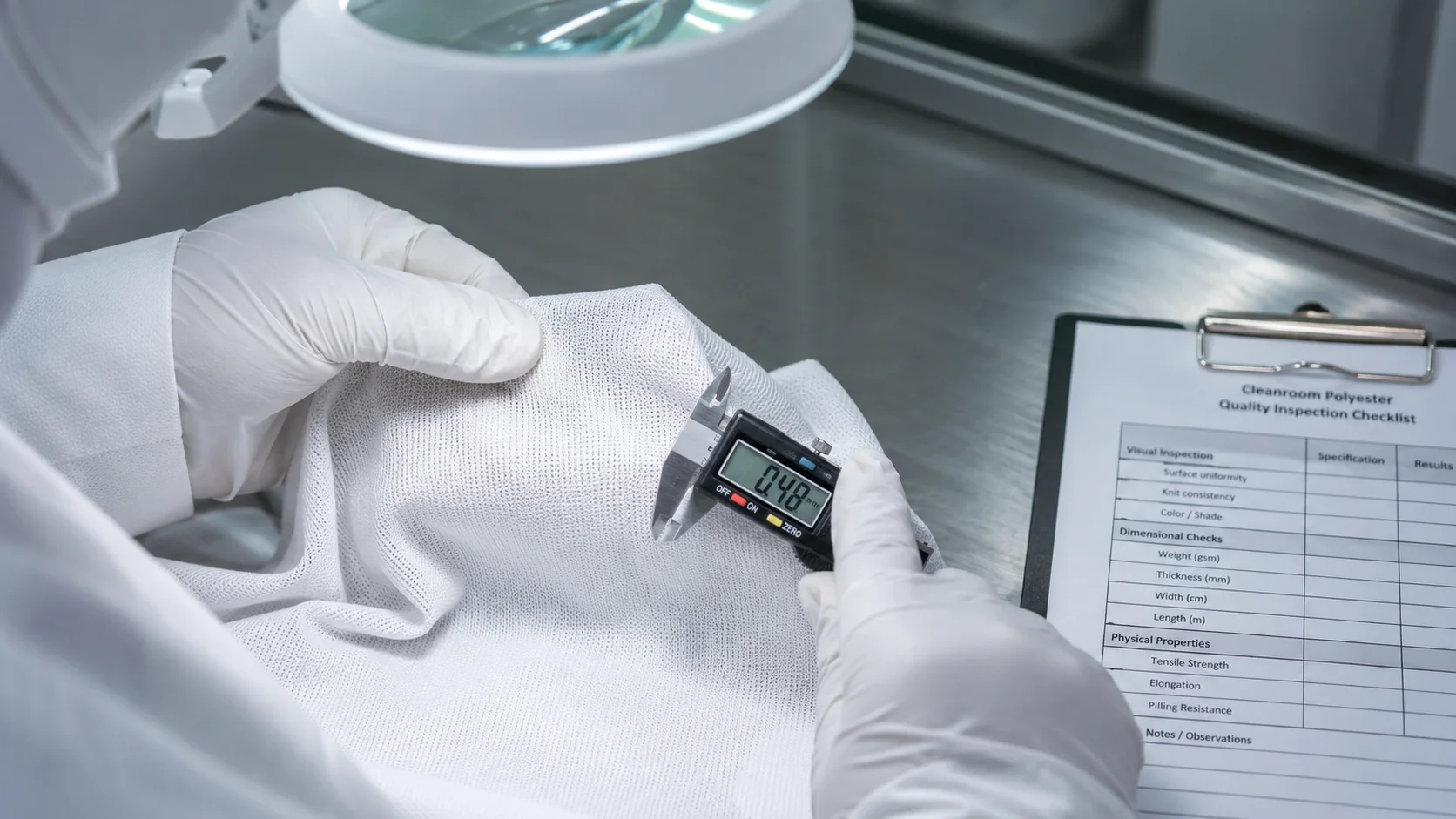 Cleanroom polyester fabric material inspection close-up