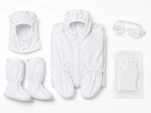 Complete cleanroom garment system including coverall, hood, boots, goggles and gloves