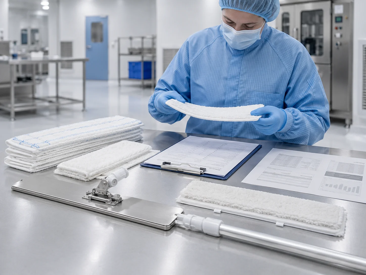 Stainless steel cleanroom mop frame and autoclavable handle components for GMP facility cleaning operations