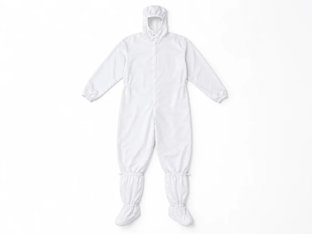 White autoclavable hooded cleanroom coverall with integrated boots