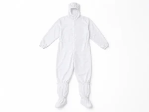 White autoclavable hooded cleanroom coverall with integrated boots