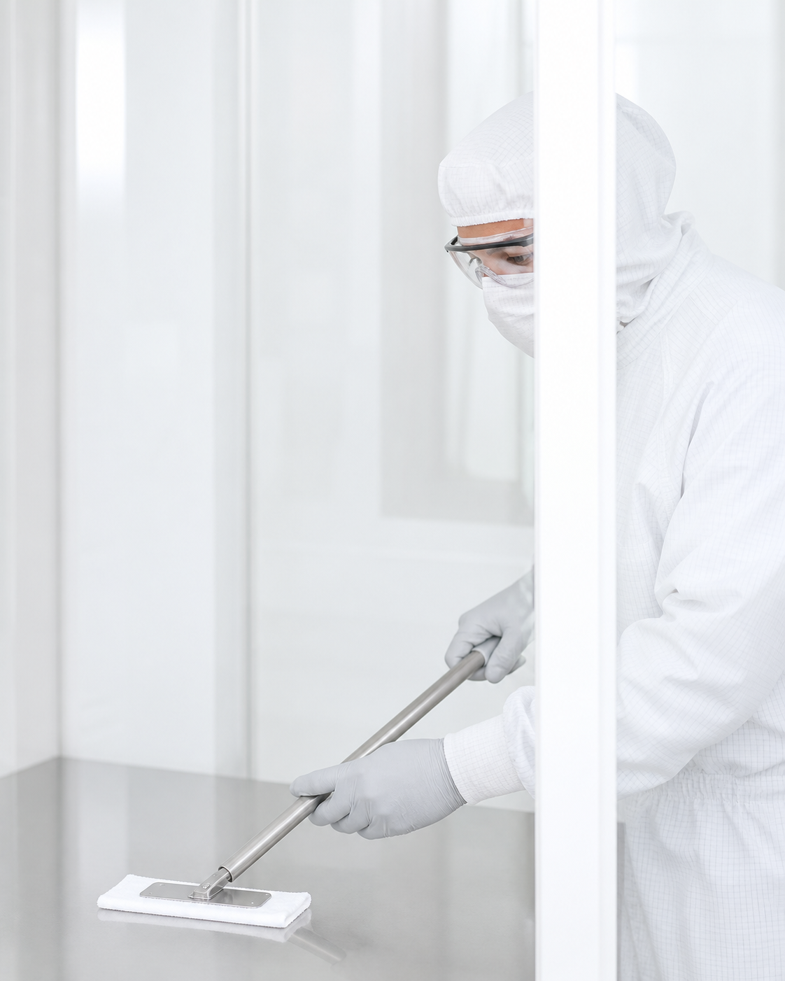 Cleanroom operator wearing light grey gloves using a compact sterile isolator mop