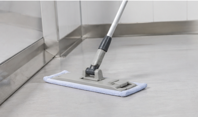 Reusable microfiber cleanroom mop used with a flat frame in a controlled area