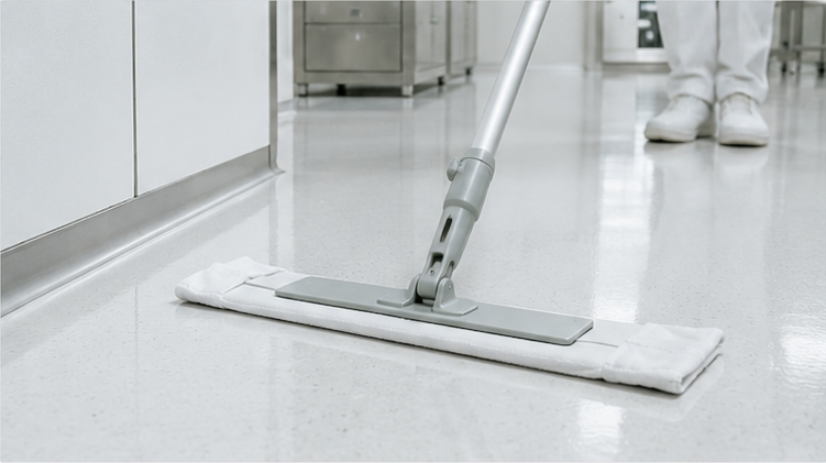 White microfiber cleanroom mop used with a flat frame on a controlled-area floor